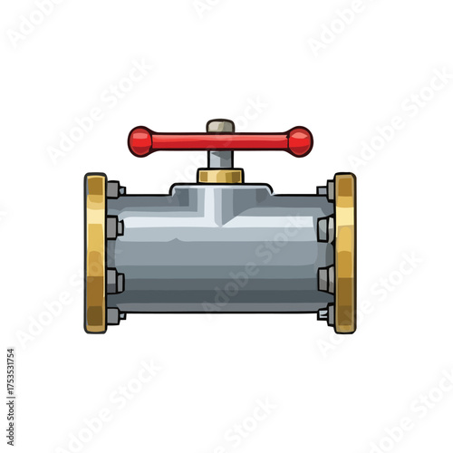 Illustration of a metallic valve with a red handle for controlling the flow of fluids or gases in industrial settings