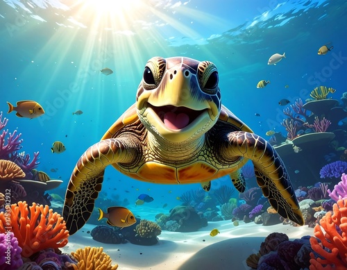 Fototapeta Naklejka Na Ścianę i Meble -  Joyful underwater sea turtle swims amongst coral reef and fish