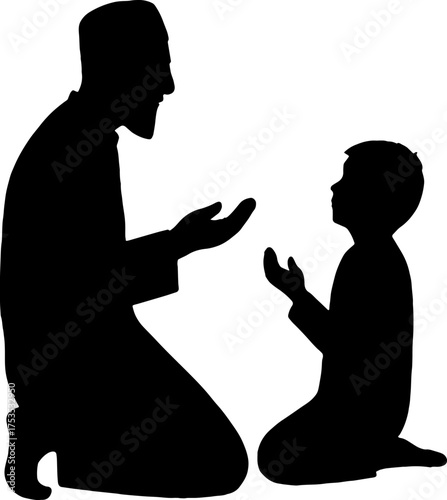 Silhouette of old man teaching boy how to pray - guidance and legacy concept vector with white background 