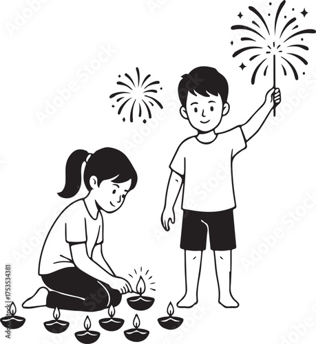 Festive Glow: Two children illuminate the night with traditional diyas and sparklers, symbols of joy and togetherness in celebration.