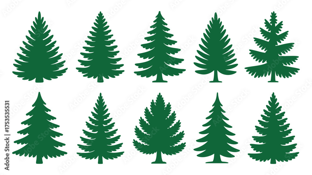 Obraz premium Collection of ten distinct green christmas trees with varied shapes and sizes for holiday decor