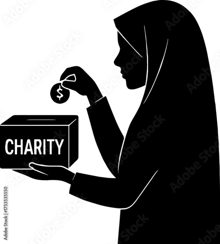 Woman silhouette giving charity box - Ramadan generosity concept vector with white background 
