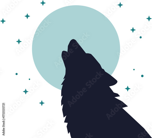 Silhouette of a howling wolf howling at a luminous full moon under a starry night sky