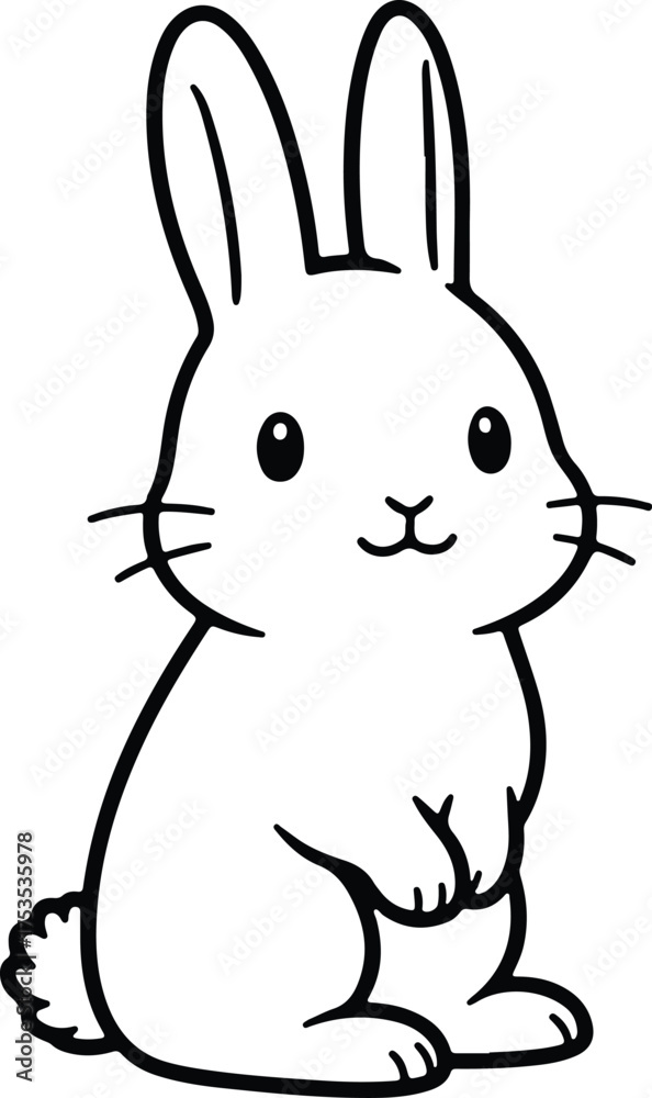 Fototapeta premium Cute Bunny in Black and White: A charming illustration of a bunny with a cute face, sitting upright. The illustration has clean lines, depicting the adorable rabbit.