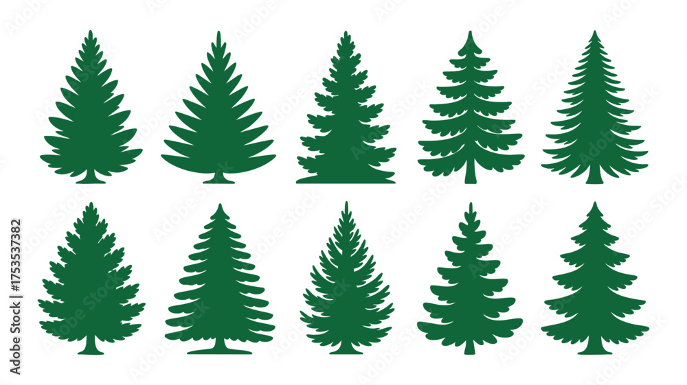 Obraz premium Collection of ten green pine trees diverse styles simple elegant nature design elements