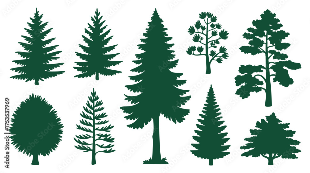 Obraz premium Collection of diverse evergreen pine and fir tree silhouettes for nature and design projects