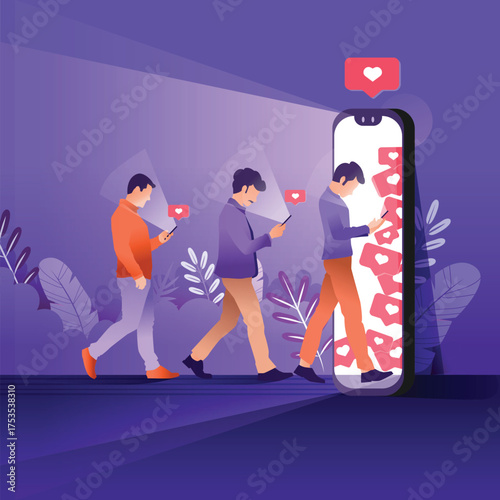 Person addicted to social media scrolling on phone illustration for banner