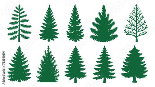 Collection of diverse green coniferous trees and pine tree silhouettes for nature design