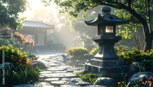 Fototapeta Naklejka Na Ścianę i Meble -  A sunlit Japanese garden scene. A stone path leads to a temple and a weathered stone lantern. The garden is lush and green with colorful flowers