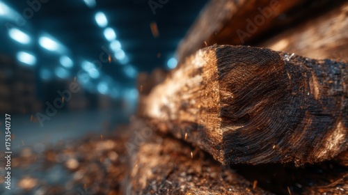 Richly textured wooden logs are stacked in a dimly lit space, featuring captivating details that evoke a sense of craftsmanship and the essence of nature indoors.