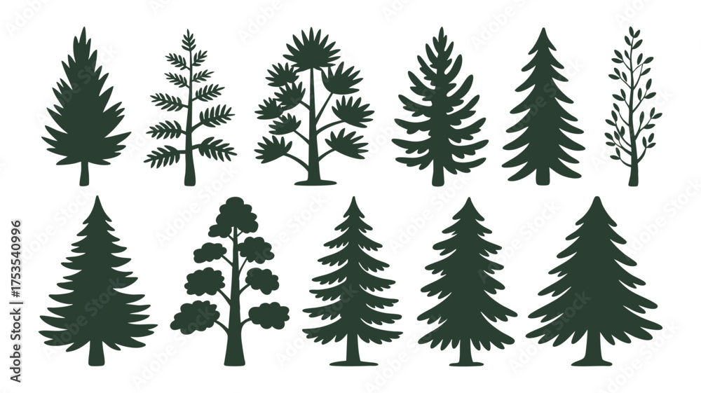 Obraz premium Collection of diverse evergreen pine and fir tree silhouettes for nature and design projects