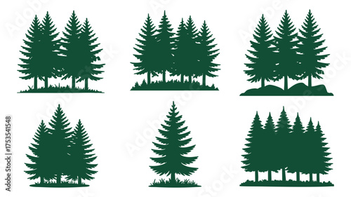 Collection of six distinct evergreen tree cluster silhouettes for natural scene design elements