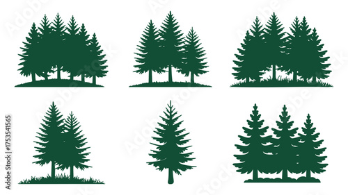 Collection of six distinct evergreen tree cluster silhouettes for natural scene design elements