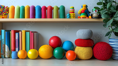 Colorful childrens playroom with toys books and balls