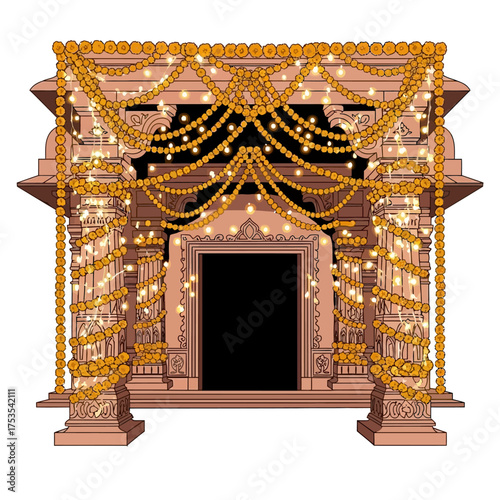 Elegant Hindu wedding entrance with marigold garlands and twinkling lights, perfect for cultural celebrations and festive designs, creating a warm ambiance