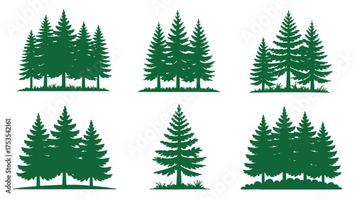 Collection of six distinct evergreen tree cluster silhouettes for natural scene design elements