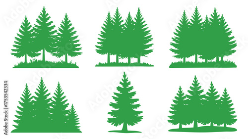 Collection of six distinct evergreen tree cluster silhouettes for natural scene design elements