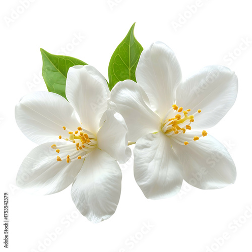 Two delicate white flowers with yellow centers, accented by green leaves on a black background