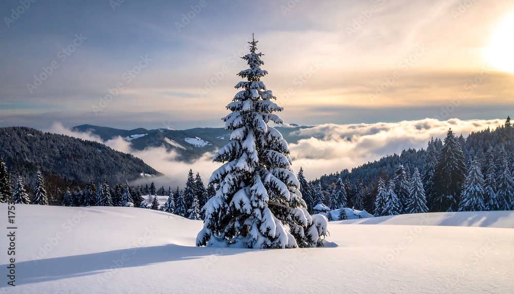 Fototapeta premium A snow-covered evergreen stands prominently in a sunlit winter landscape, with mountains and clouds in the background