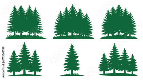 Collection of six distinct evergreen tree cluster silhouettes for natural scene design elements