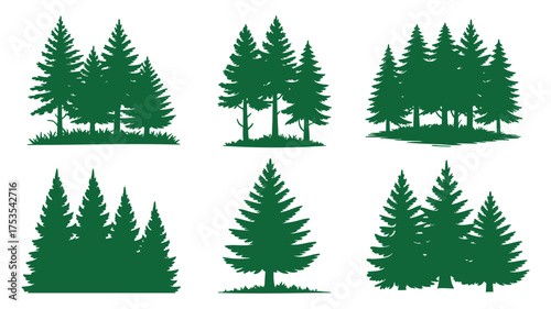 Collection of six distinct evergreen tree cluster silhouettes for natural scene design elements