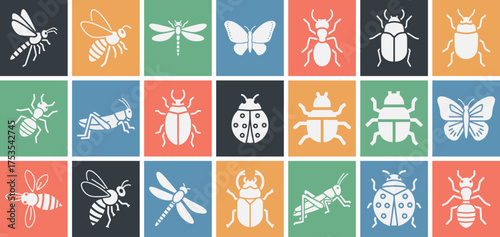 Collection of solid filled wildlife insect icons featuring butterflies bees dragonflies beetles ants ladybugs and grasshoppers in multiple color variations