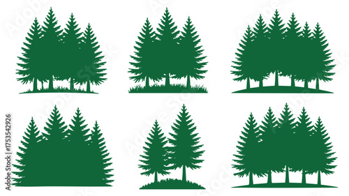 Collection of six distinct evergreen tree cluster silhouettes for natural scene design elements