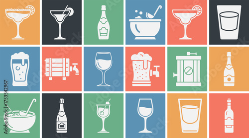 Solid filled icon set featuring various party drinks including champagne bottles cocktail glasses beer kegs punch bowls shot glasses and wine