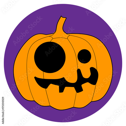 Cartoon Halloween Pumpkin Face on Purple Circle