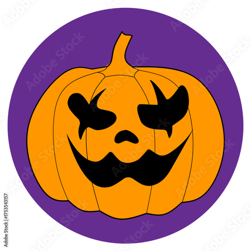 Cartoon Halloween Pumpkin Face on Purple Circle