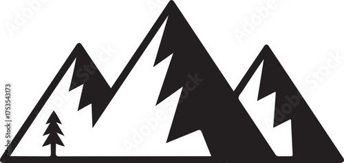 Stylized black silhouette of three mountain peaks with a single pine tree on a white background mountains