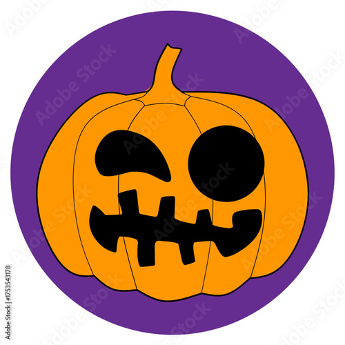 Cartoon Halloween Pumpkin Face on Purple Circle