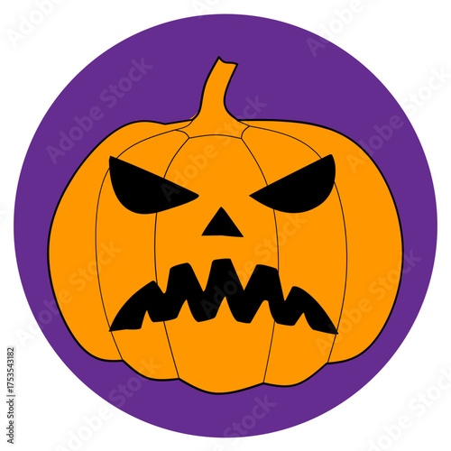 Cartoon Halloween Pumpkin Face on Purple Circle