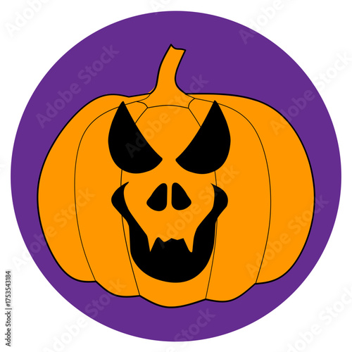 Cartoon Halloween Pumpkin Face on Purple Circle