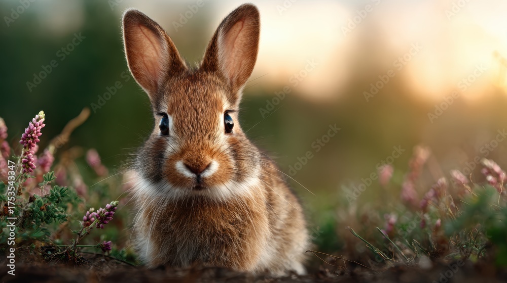 Fototapeta premium A charming rabbit poses in a lush garden setting, showcasing its soft fur and beautiful ears, providing a glimpse into the tranquility of nature at sunset.
