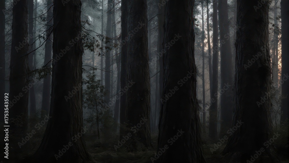 Obraz premium Dark forest scene with tall trees and subtle light filtering through the canopy.