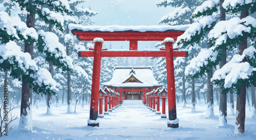 Serene Japanese Shrine Entrance Lined with Snow-Covered Trees in a Winter Landscape