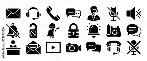 Solid filled icon set representing silence and muted notification symbols including bells speakers and microphones