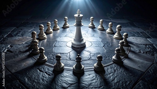 White chess king surrounded by pawns on circular stone floor under dramatic spotlight — concept of leadership, power and strategy. 1