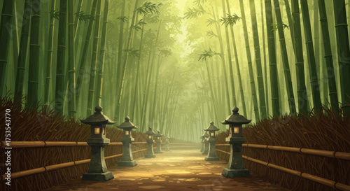 Serene Japanese Bamboo Forest Path Lined with Lanterns and Wooden Fence