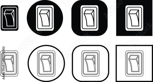Black switch button icon set, electric toggle collection, power control symbol group, on off rocker outline and flat design, electrical switch vector pack in line style