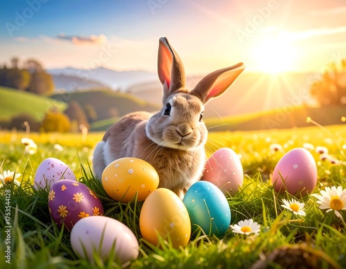 A sunlit meadow features a bunny surrounded by colorful eggs. Daisies dot the grass, and gentle hills recede under a warm, bright sky