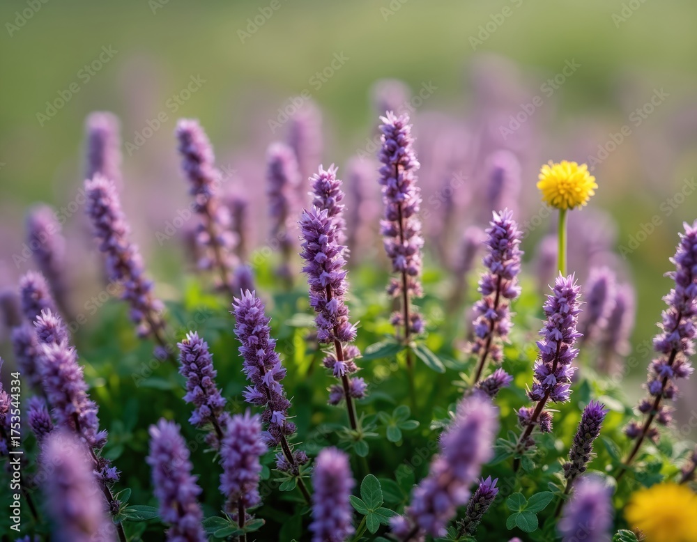 Obraz premium Purple flower spikes bloom in sunny garden field, creating peaceful, serene spring scene. Green leaves surround vibrant herbal plants. Single bright yellow flower stands out among lilac blossoms,