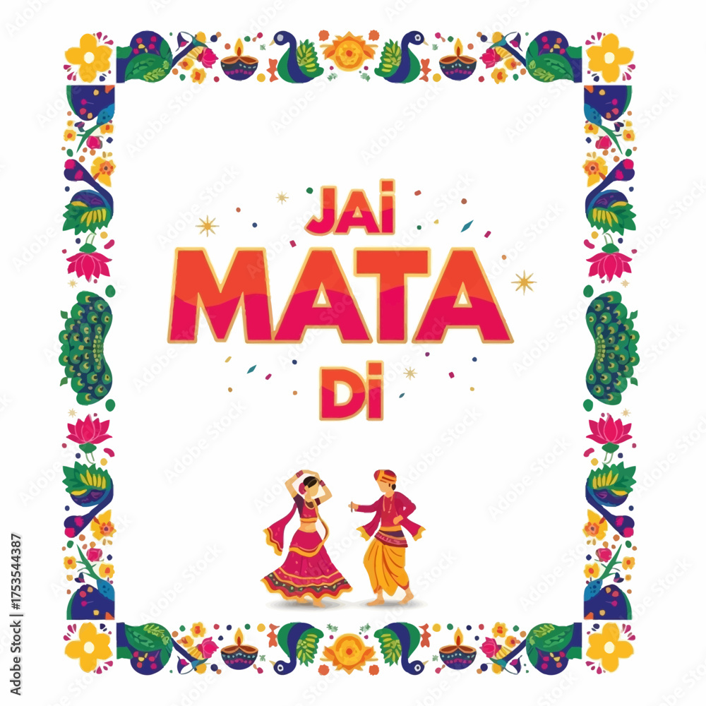 Obraz premium Celebrate vibrant Navratri with this festive design featuring traditional dancers and colorful floral border, perfect for invitations and social media graphics