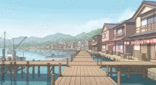 Japanese Coastal Town with Wooden Pier and Fishing Boats