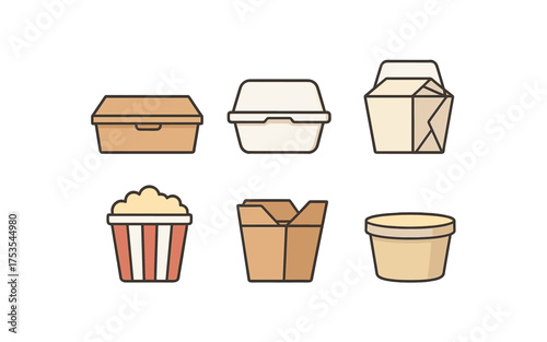 Icon set of food containers in minimalistic outline style for fast food packaging