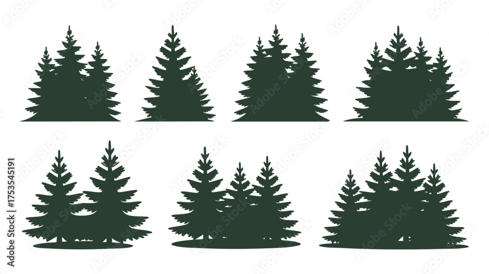 Obraz premium Diverse green evergreen tree silhouettes forest collection for nature designs