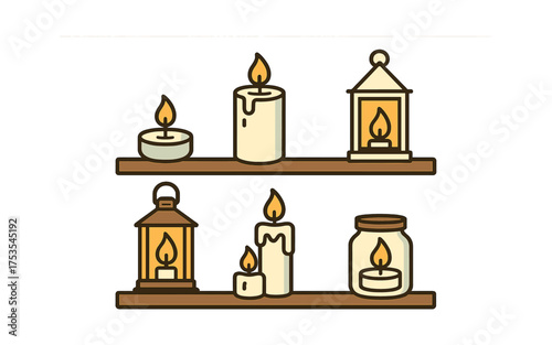 Cozy candle arrangement on wooden shelves with warm lighting