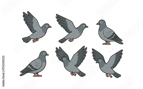Set of cartoon pigeons in various poses on brown background