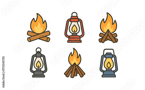 Campfire and lantern icons set: cozy adventure outline design collection